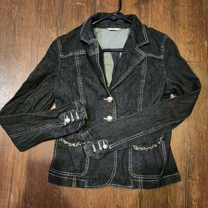 ITALIAN DESIGN Blk Denim S  Quality Cropped Jacket Silver Accents Retro Deco